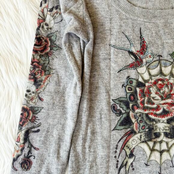 Ed Hardy Vintage Y2K Sweater by Christian Audigier Flower Bird Skull Tattoo Gray - Picture 4 of 13